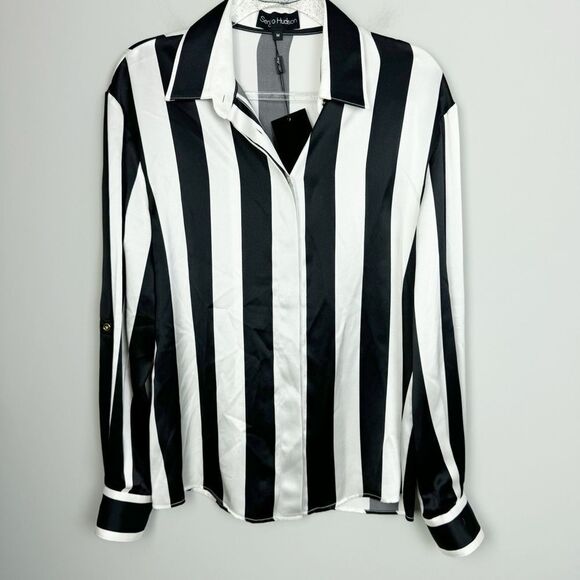 SERGIO HUDSON | NEW Silk Button Down Black/White Stripe Blouse Women’s Size M - Picture 2 of 12